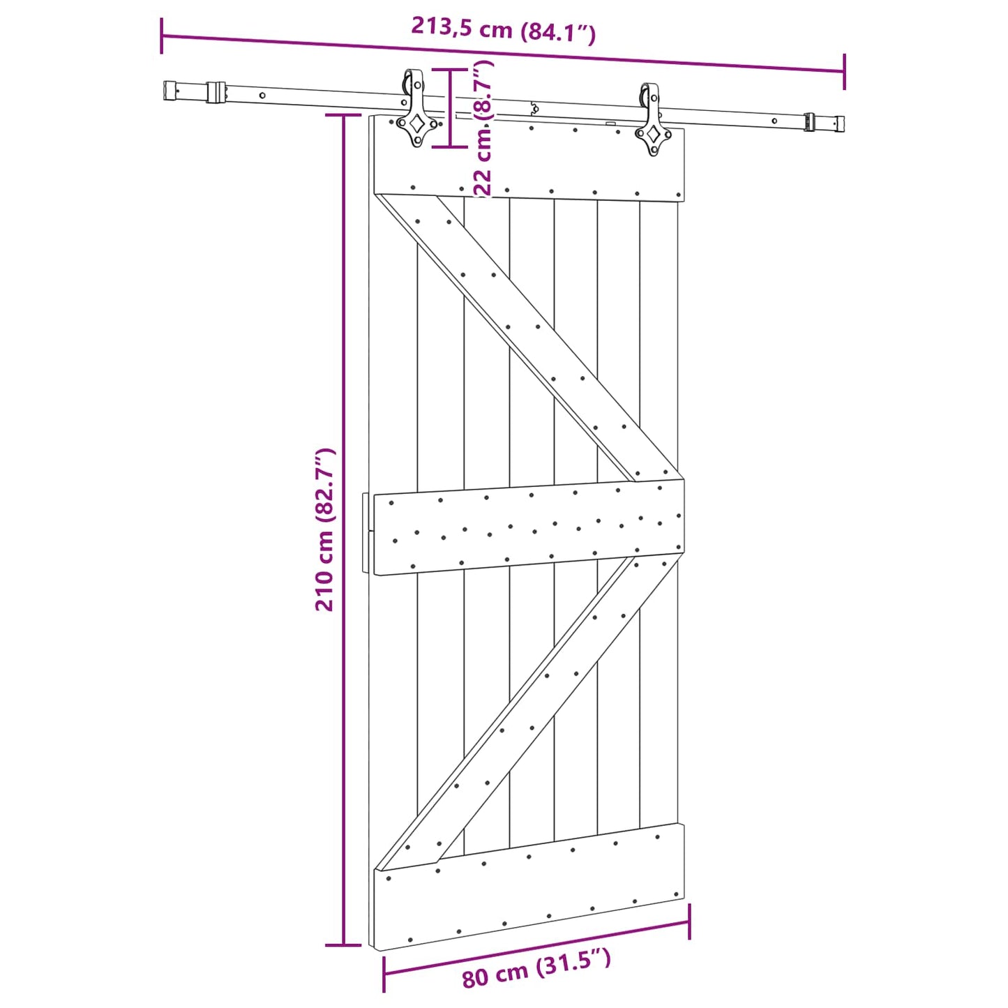 Schuifdeur NARVIK Naturel en Zwart 80 x 210 cm (213,5 cm)