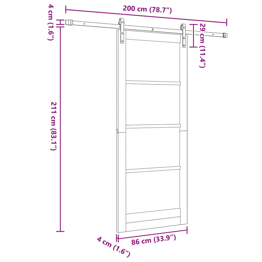 Schuifdeur Naturel en Zwart 86 x 211 cm Massief grenenhout