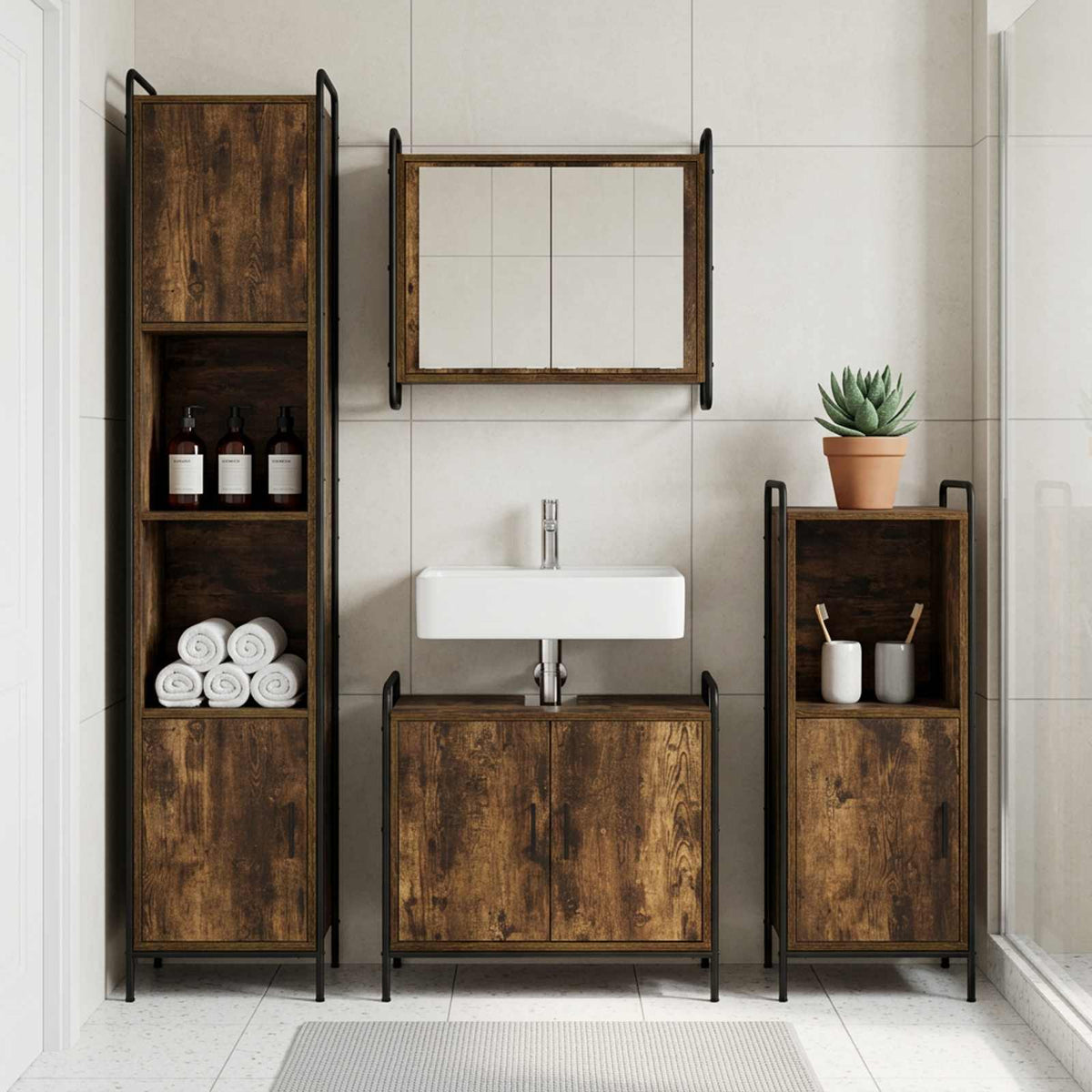 Badkamerkastenset 4 st Gerookt eiken 40 x 36 x 181 cm