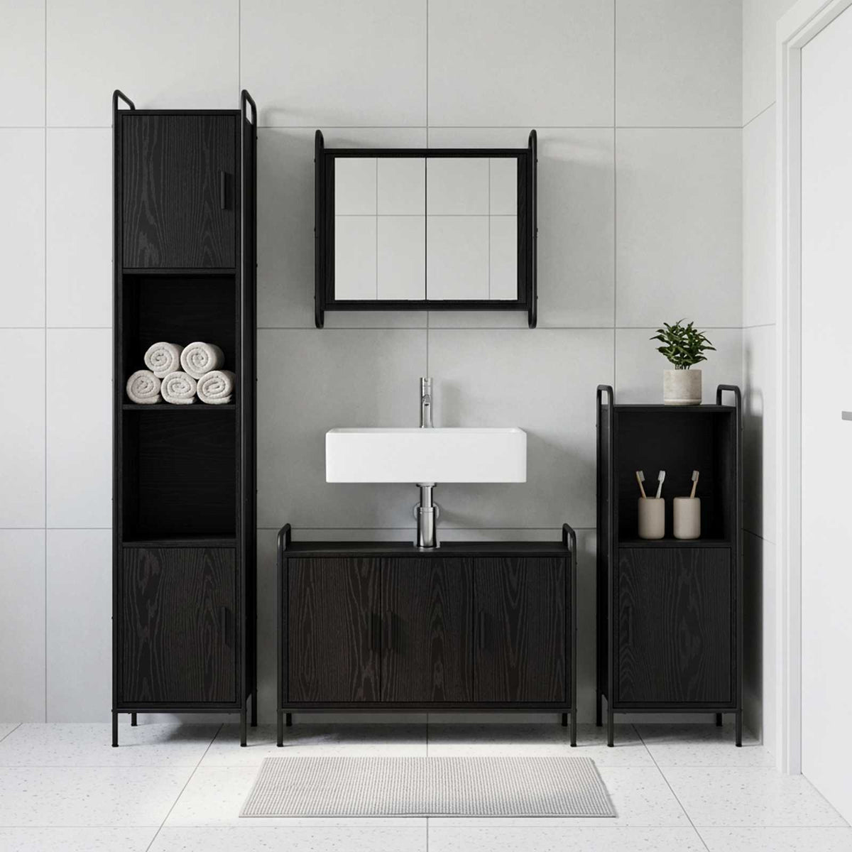 Badkamerkastenset 4 st Zwart eiken 40 x 36 x 181 cm
