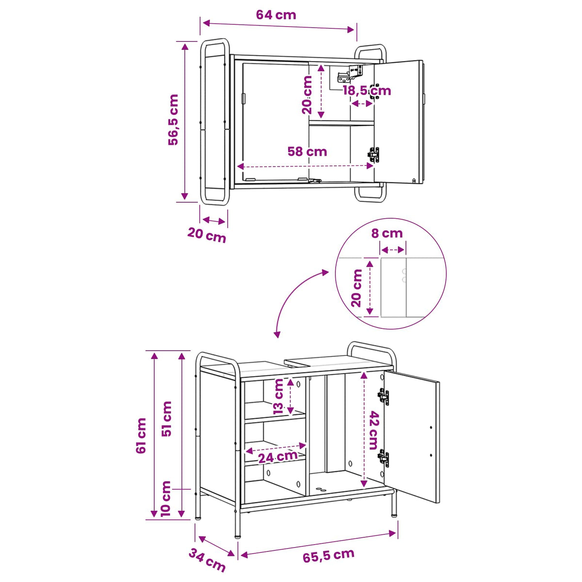 Badkamerkastenset 2 st Sonoma Eiken 65,5 x 34 x 61 cm