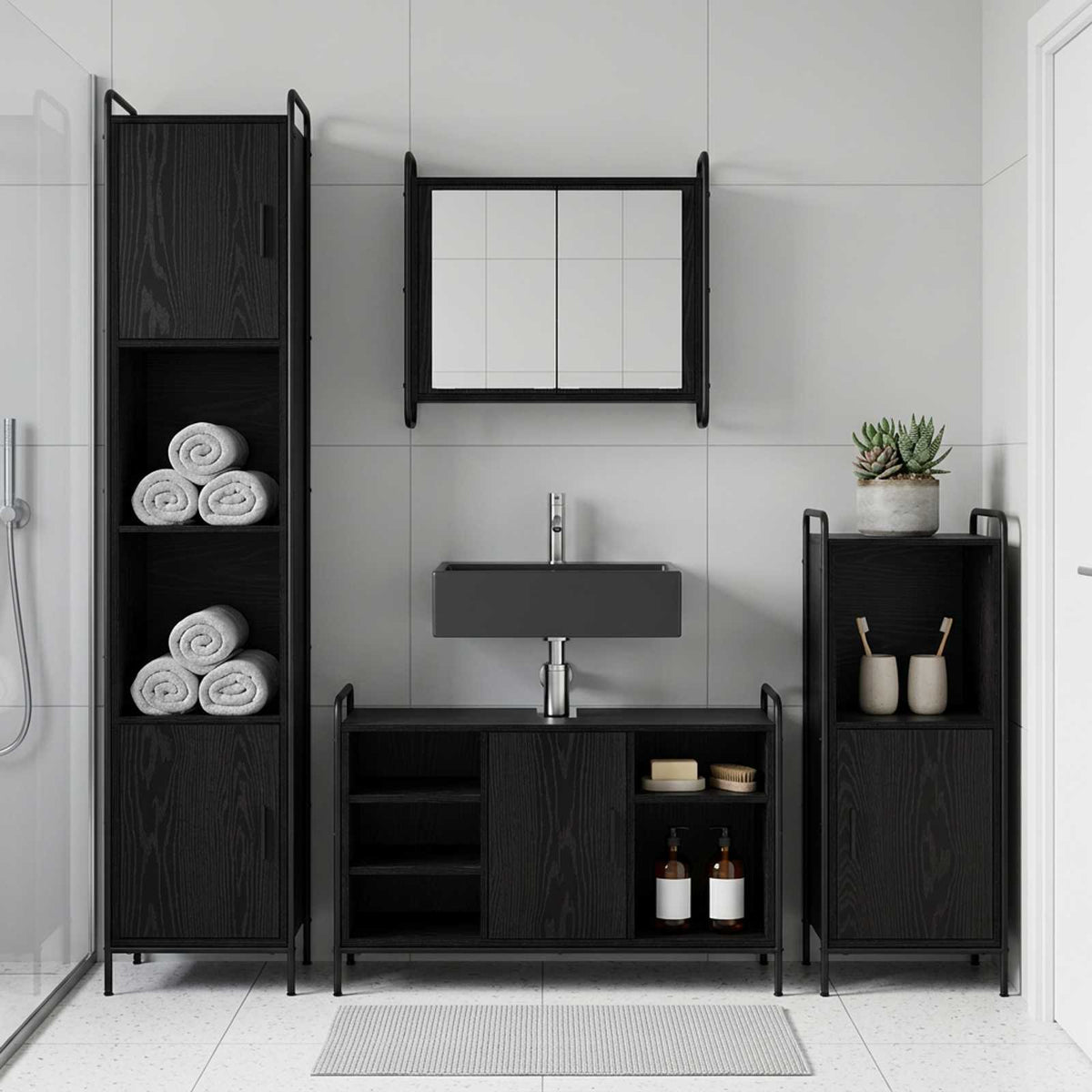 Badkamerkastenset 4 st Zwart eiken 40 x 36 x 181 cm