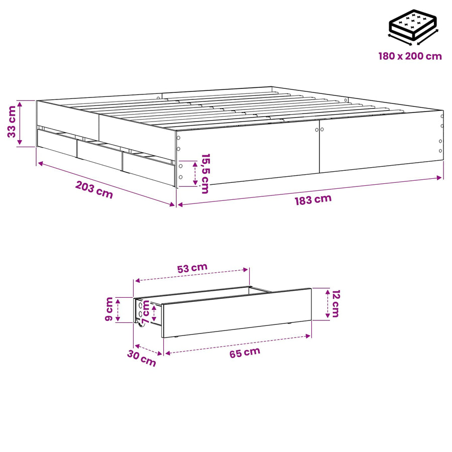 Bedframe met opslag Artisanaal eiken 180 x 200 cm Bewerkt hout