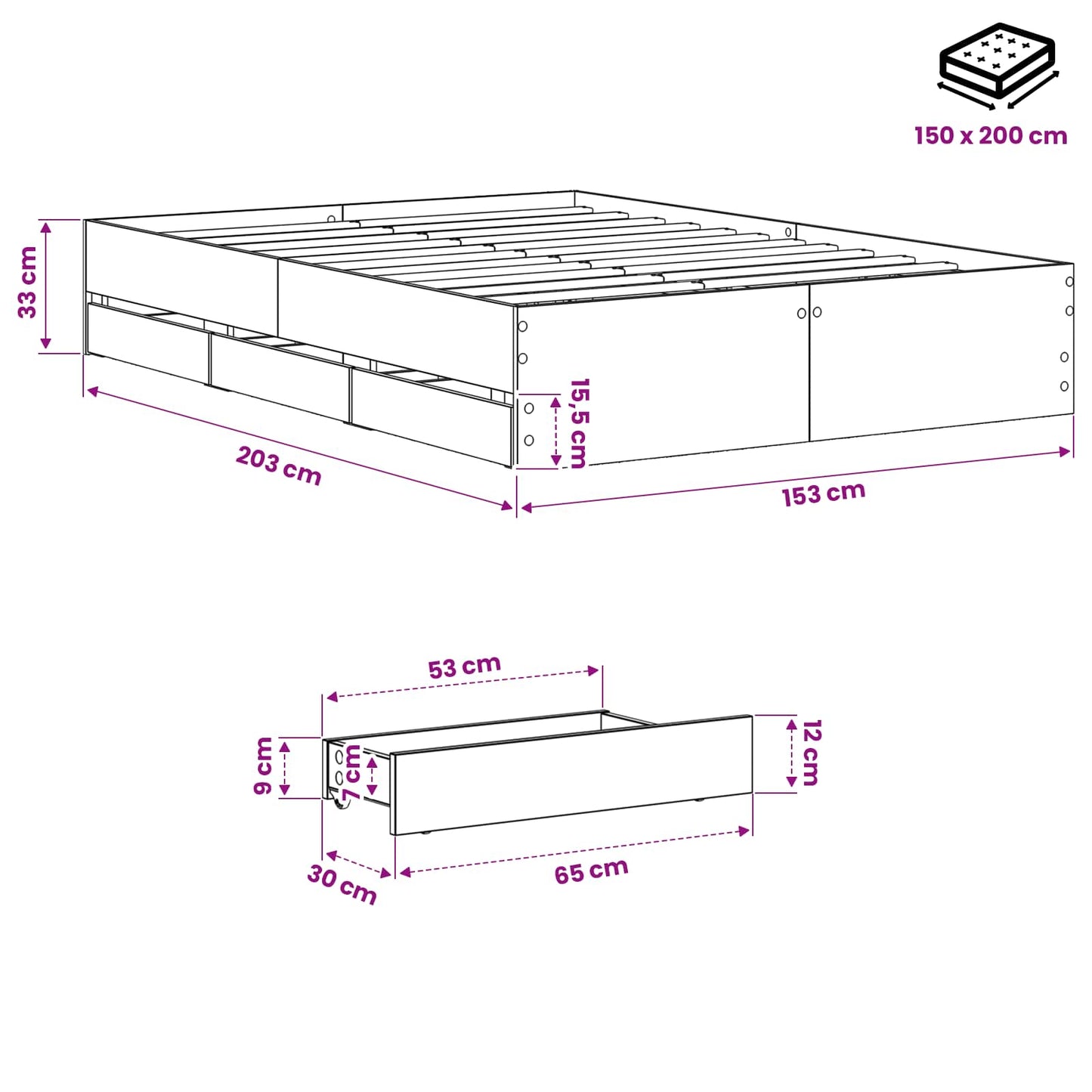 Bedframe met opslag Artisan eiken 150 x 200 cm Bewerkt hout