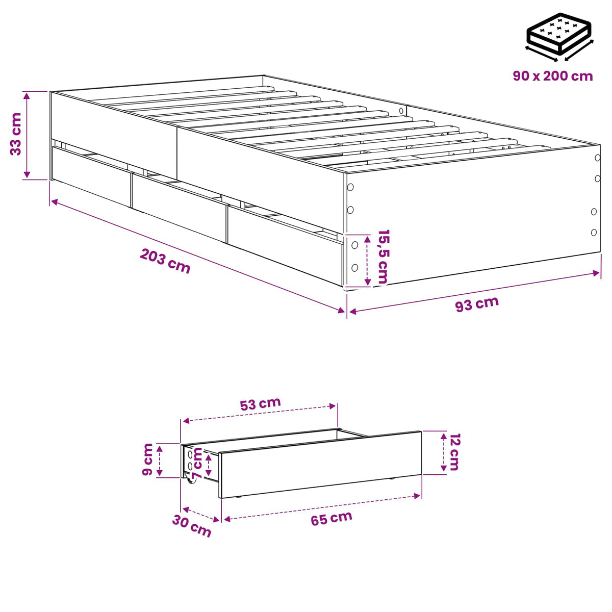 Bedframe met opslag Artisanaal eiken 90 x 200 cm Bewerkt hout