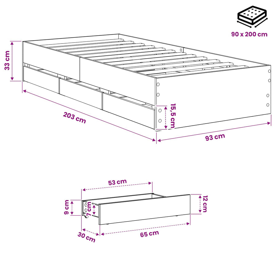 Bedframe met opslag Artisanaal eiken 90 x 200 cm Bewerkt hout
