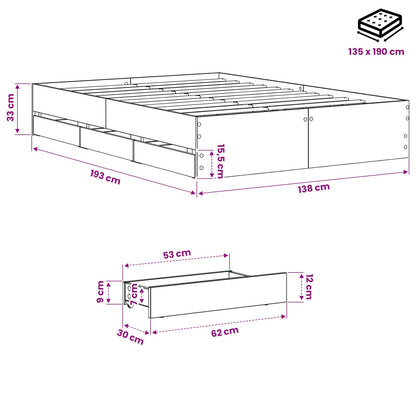 Bedframe met opslag Artisan eiken 135 x 190 cm Bewerkt hout
