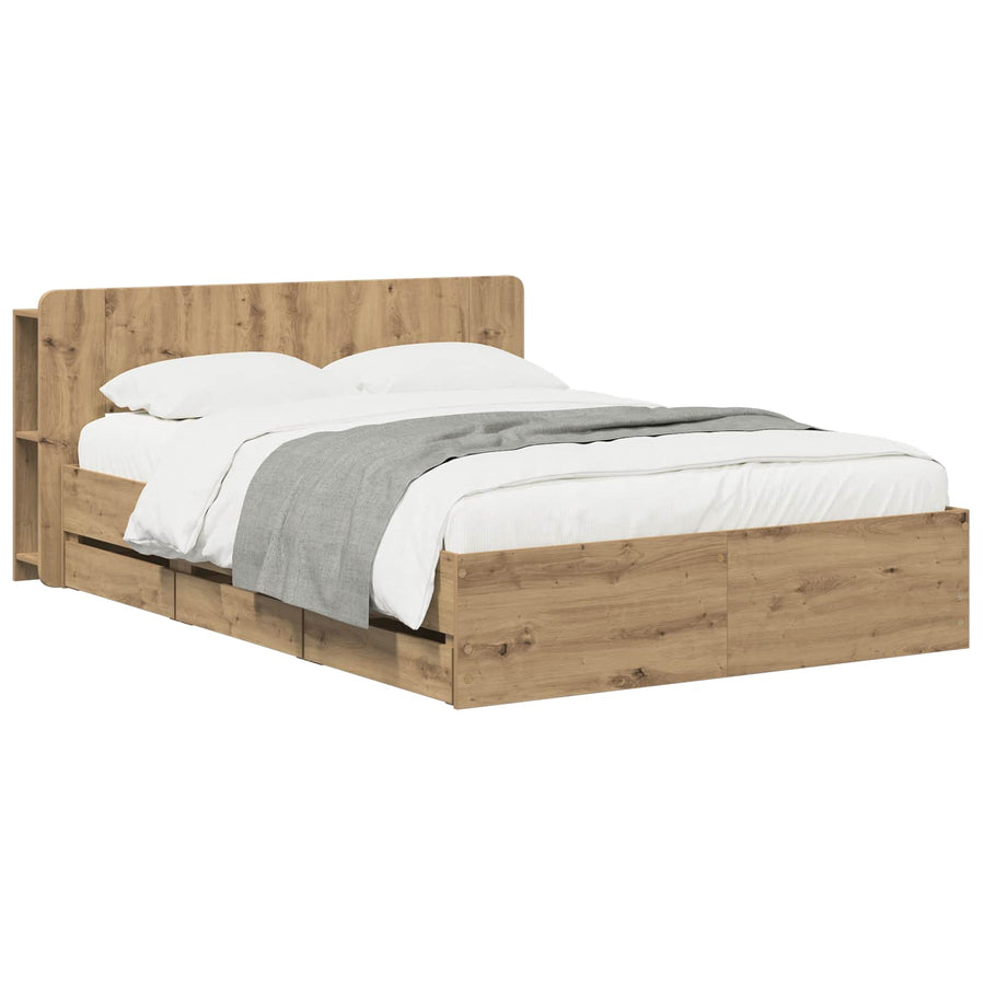 Bedframe met opbergruimte en hoofdbord Artisanaal eiken
