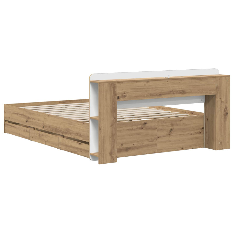Bedframe met opbergruimte en hoofdbord Artisanaal eiken