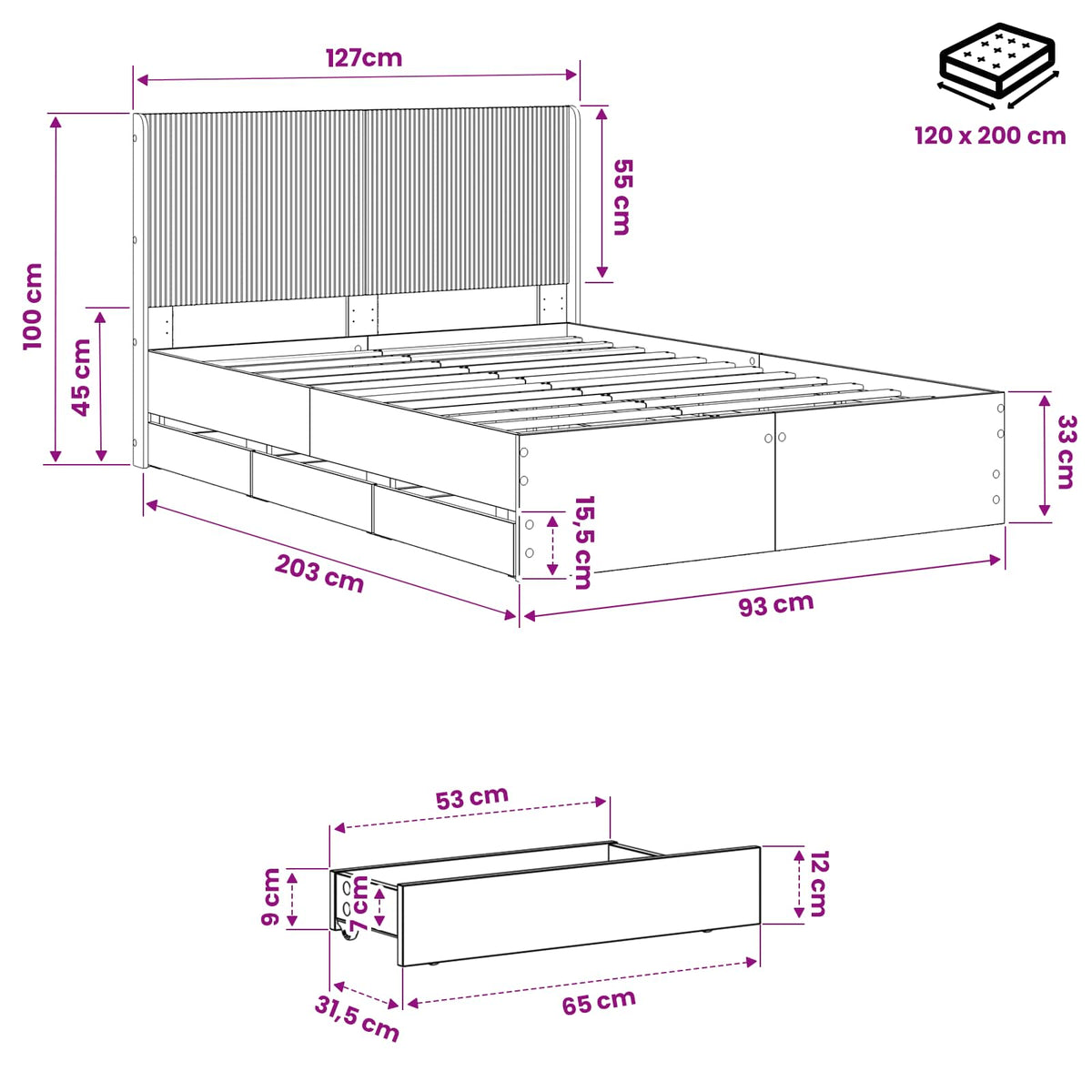 Bedframe met opbergruimte en hoofdbord Artisan Oak 120 x 200 cm