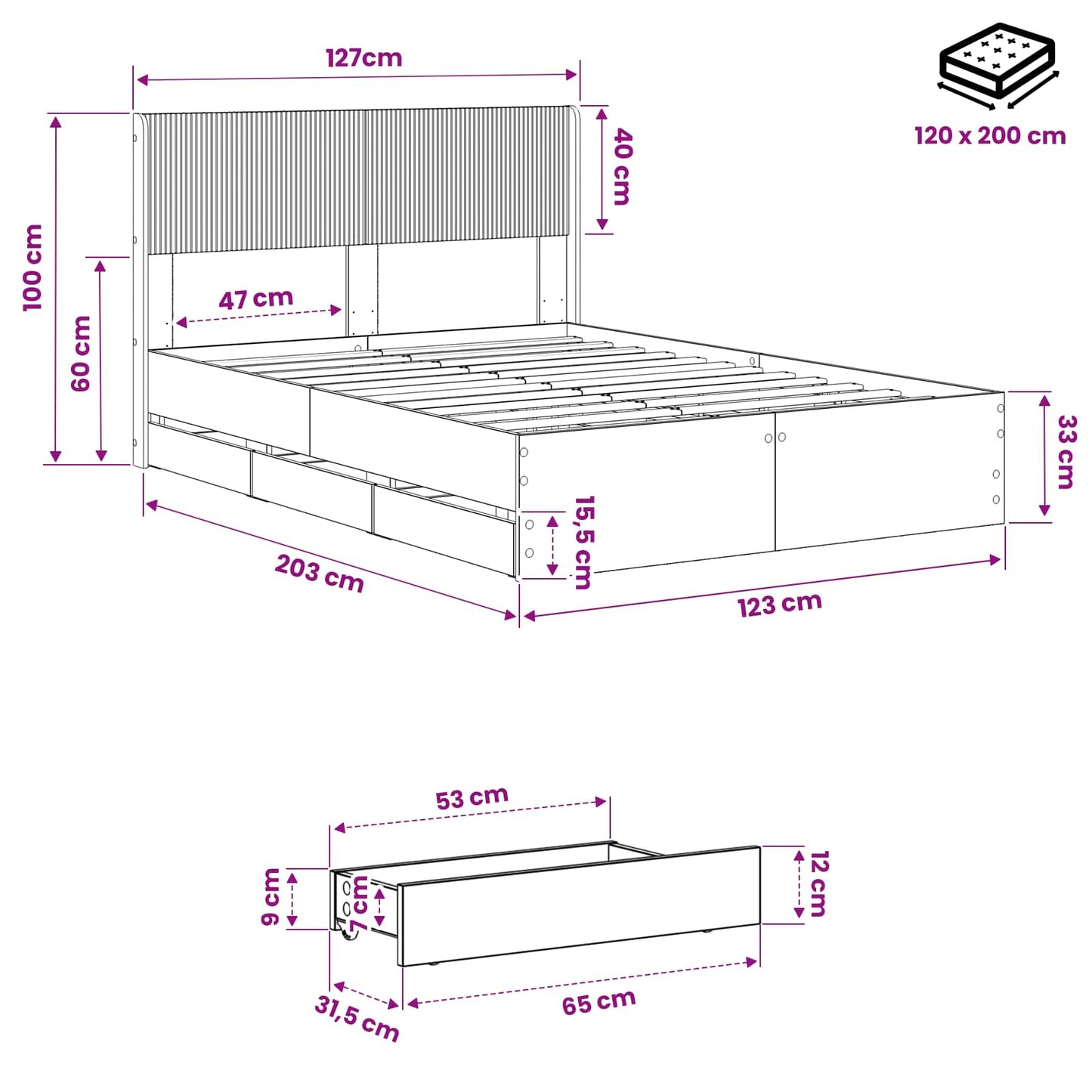 Bedframe met opbergruimte en hoofdbord Artisan Oak 120 x 200 cm