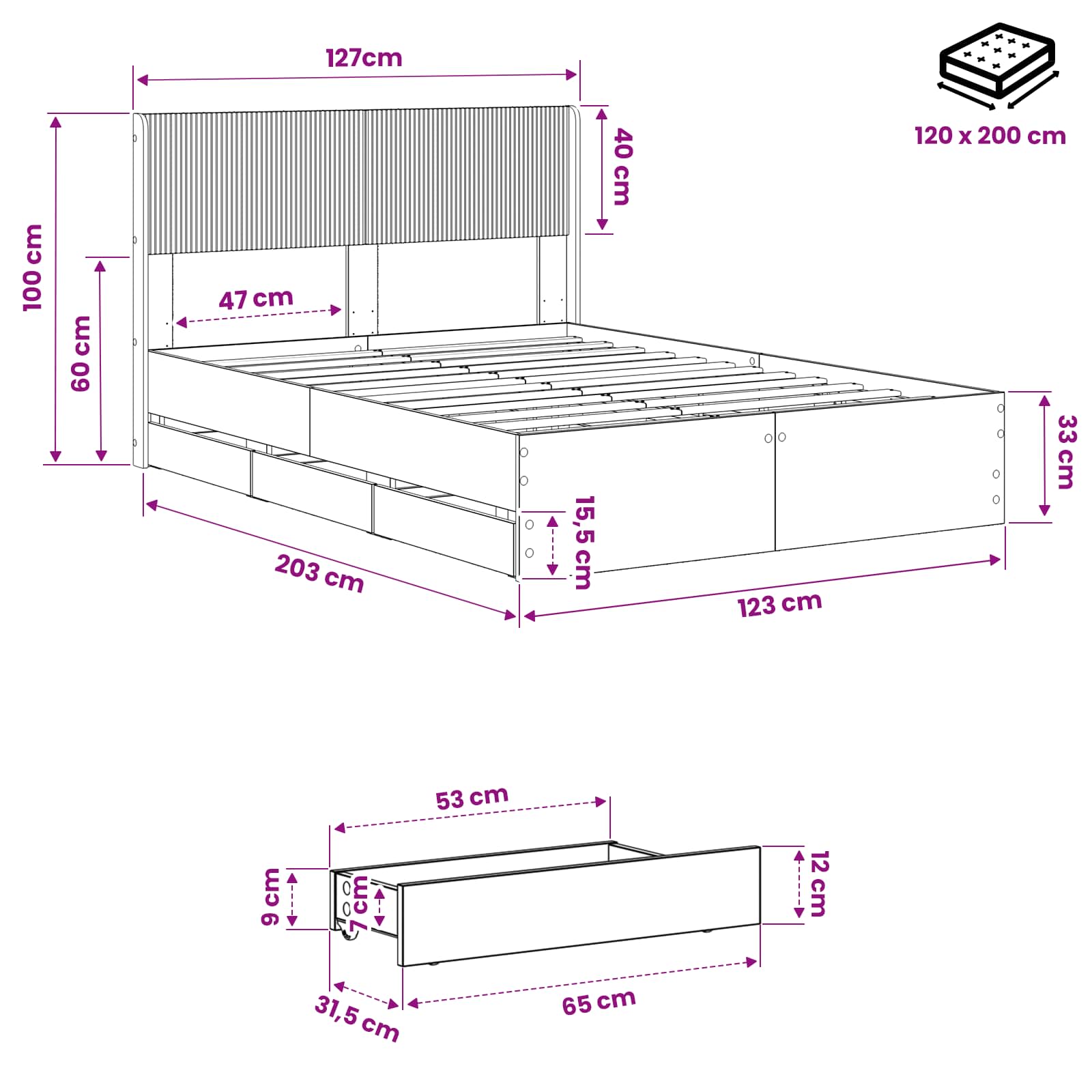 Bedframe met opbergruimte en hoofdbord Artisan Oak 120 x 200 cm