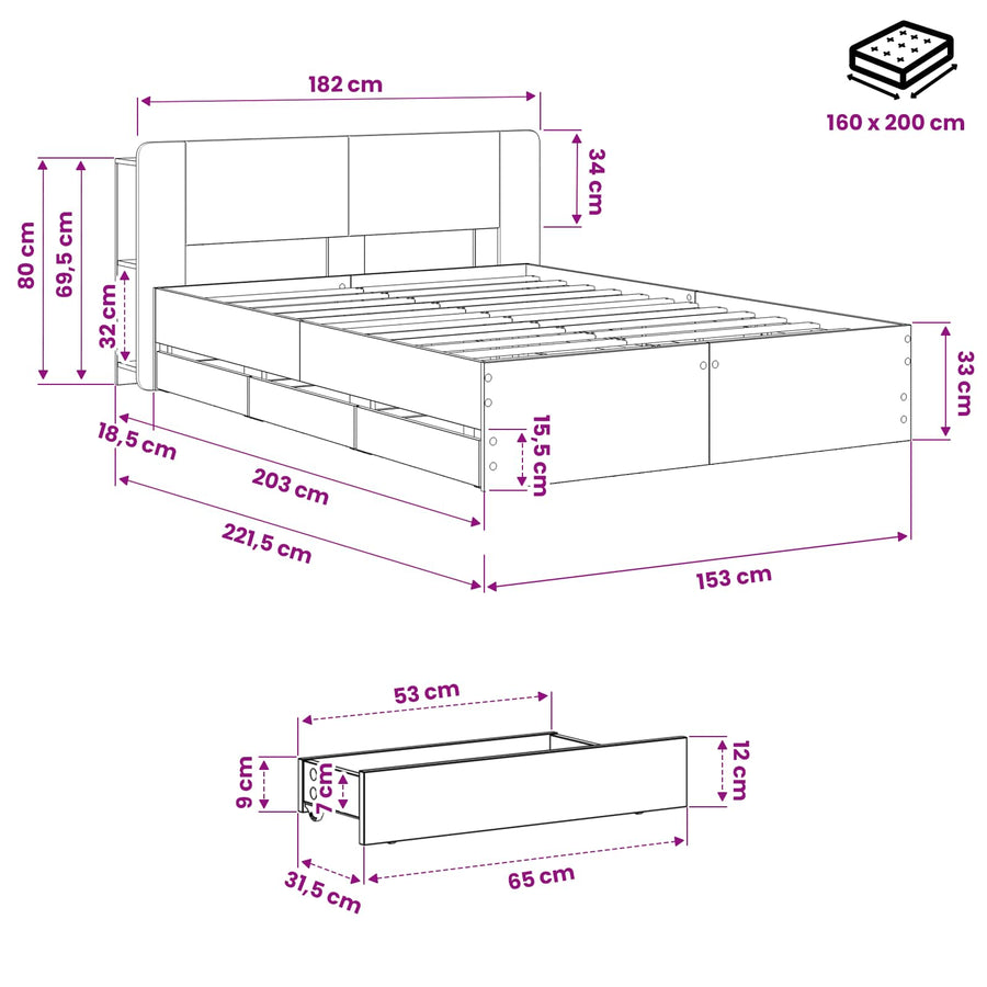 Bedframe met opbergruimte en hoofdbord Artisanaal eiken