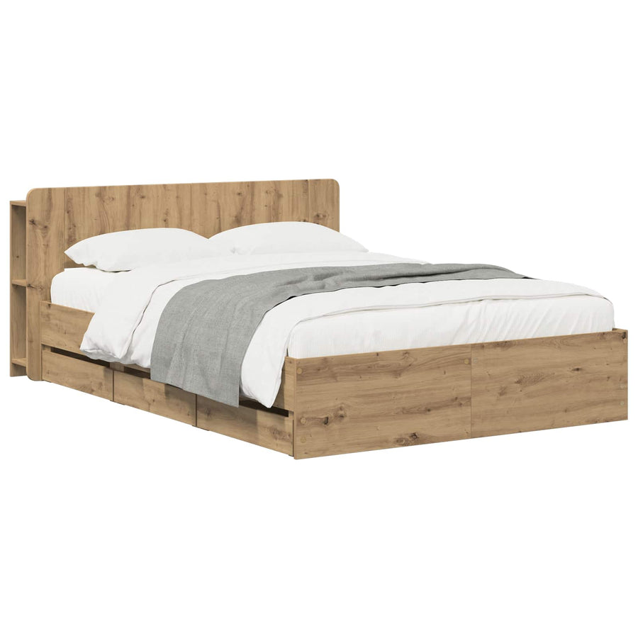Bedframe met opbergruimte en hoofdbord Artisanaal eiken