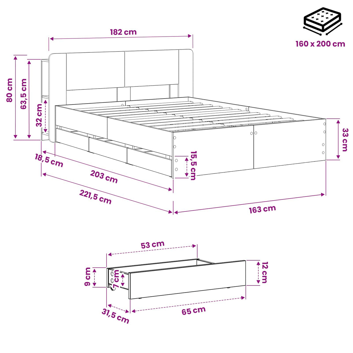 Bedframe met opbergruimte en hoofdbord Artisanaal eiken
