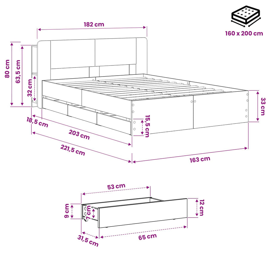 Bedframe met opbergruimte en hoofdbord Artisanaal eiken