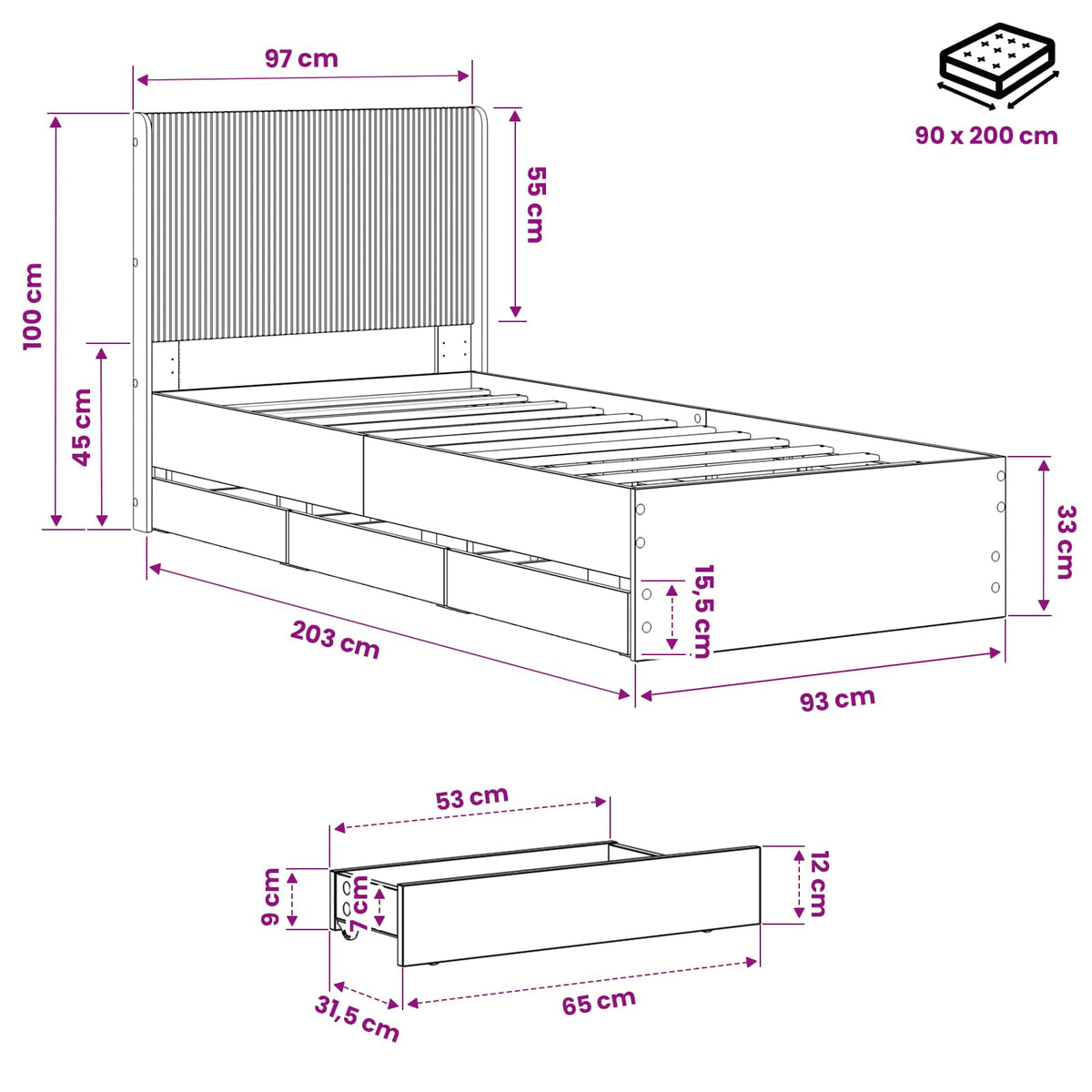 Bedframe met opbergruimte en hoofdbord Artisan Oak 90 x 200 cm