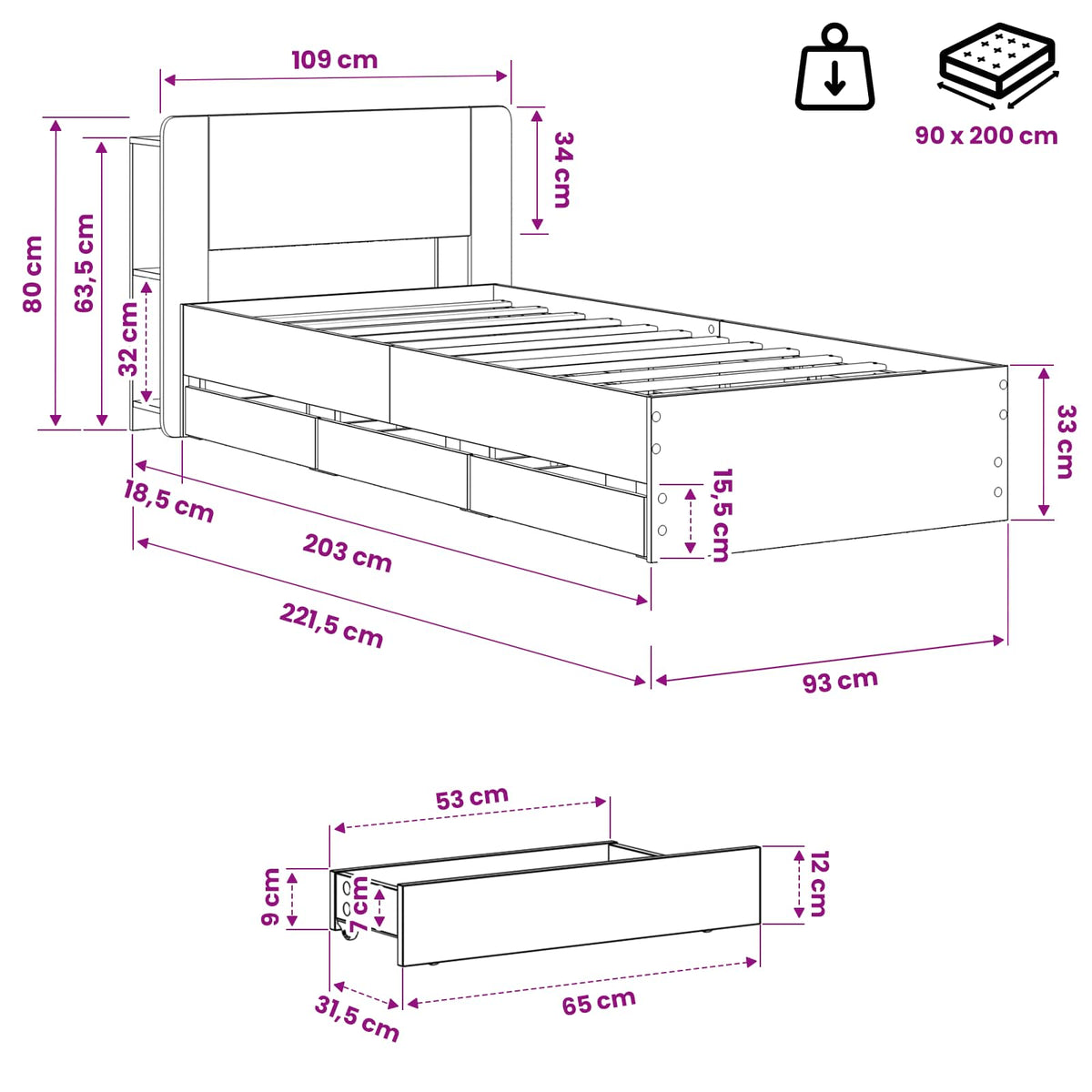 Bedframe met opbergruimte en hoofdbord Artisanaal eiken