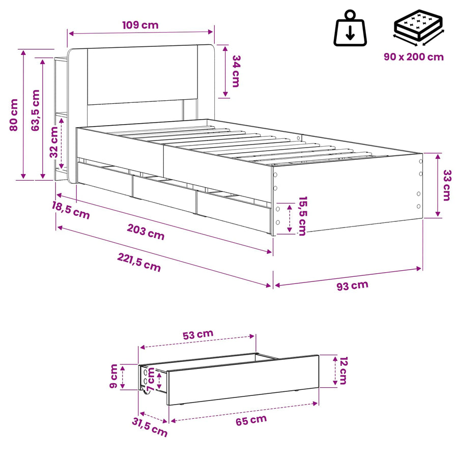 Bedframe met opbergruimte en hoofdbord Artisanaal eiken