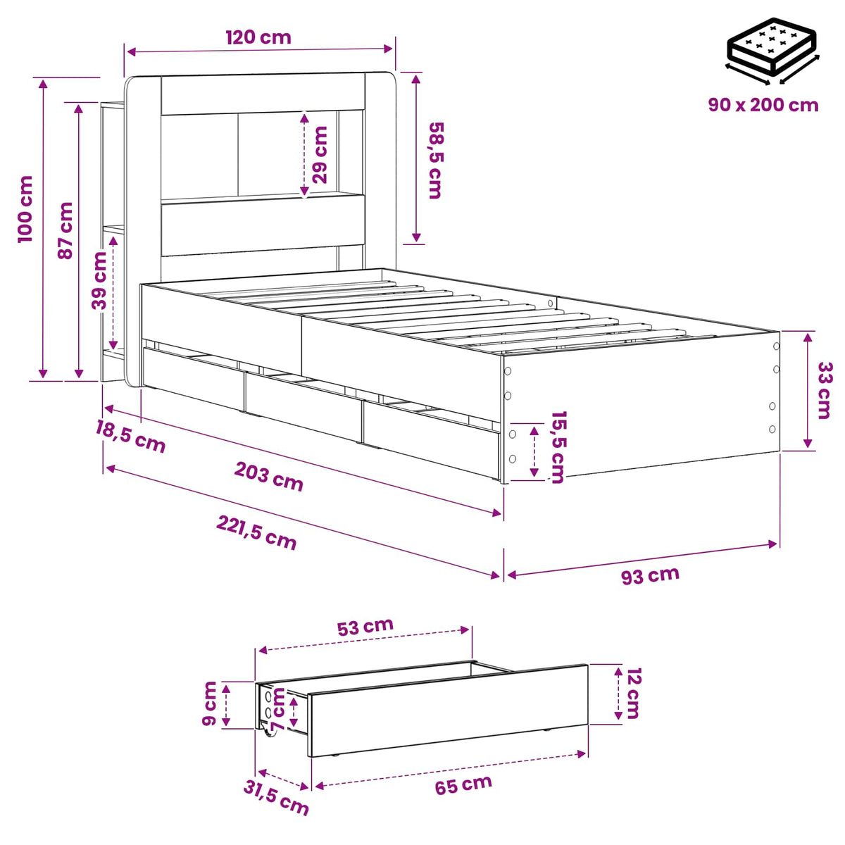 Bedframe met opbergruimte en hoofdbord Artisanaal eiken
