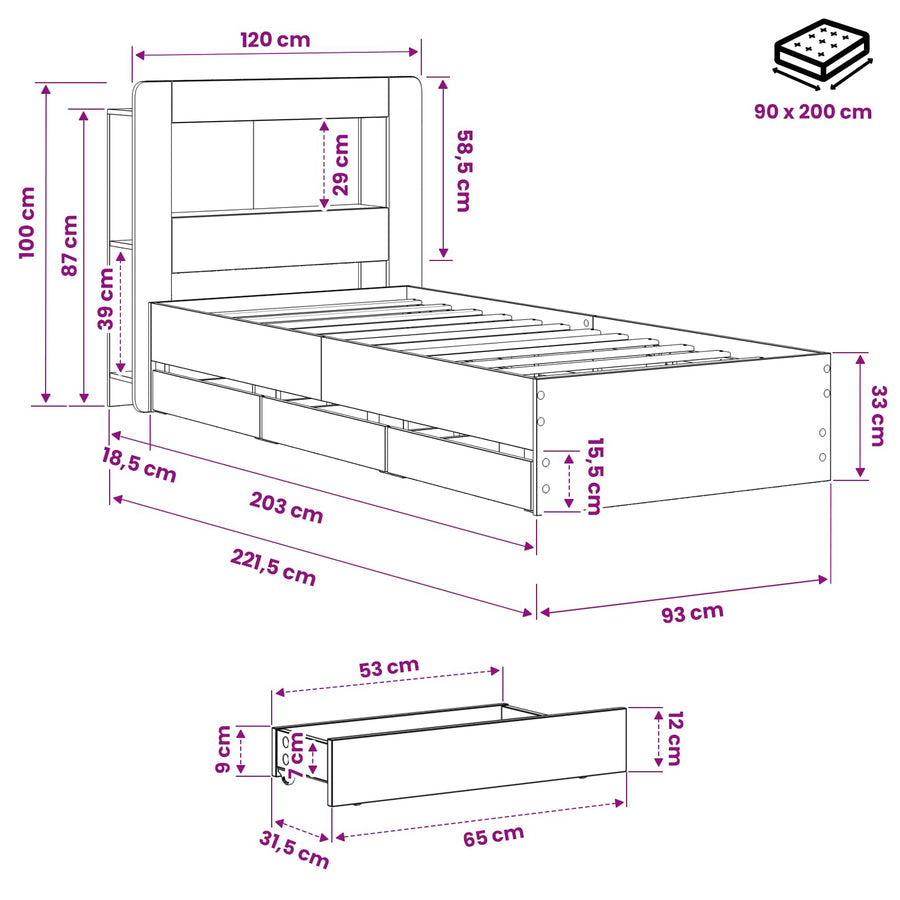 Bedframe met opbergruimte en hoofdbord Artisanaal eiken