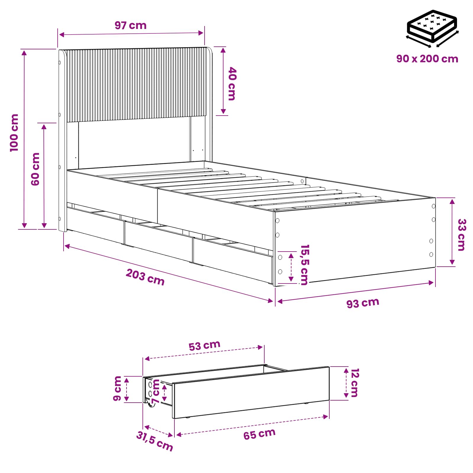 Bedframe met opbergruimte en hoofdbord Artisan Oak 90 x 200 cm