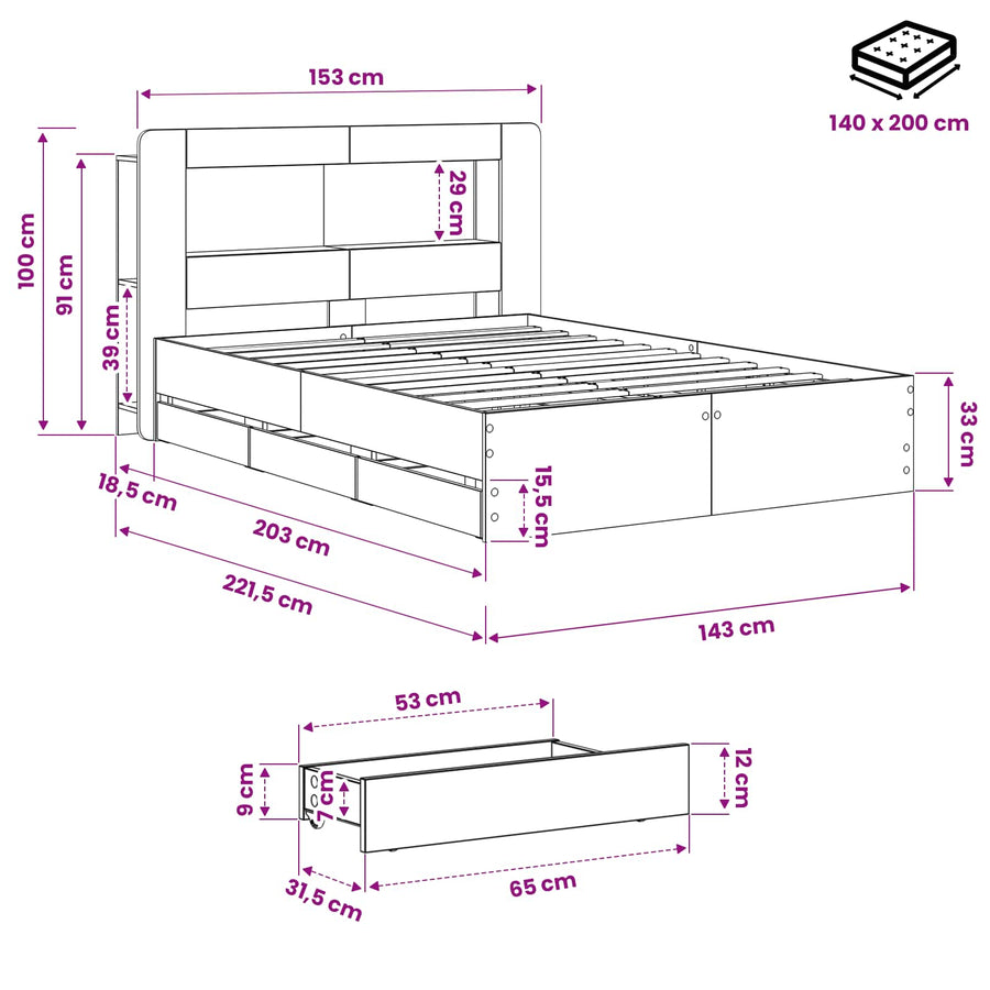 Bedframe met opbergruimte en hoofdbord Artisanaal eiken