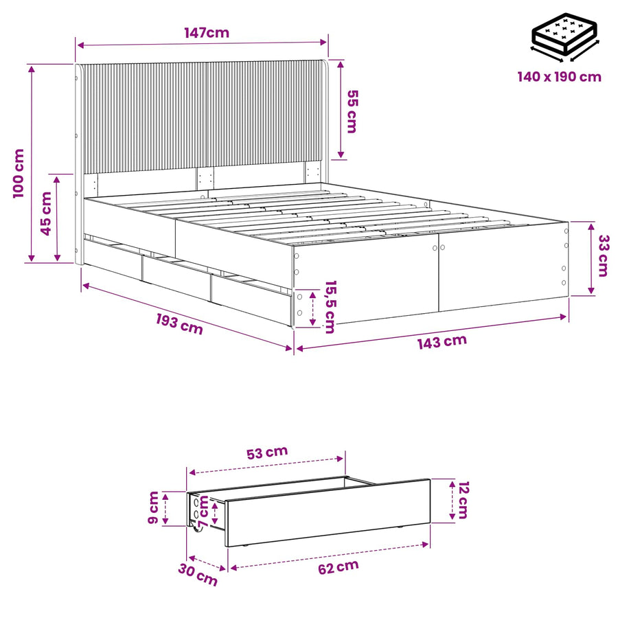 Bedframe met opbergruimte en hoofdbord Artisan Oak 140 x 190 cm