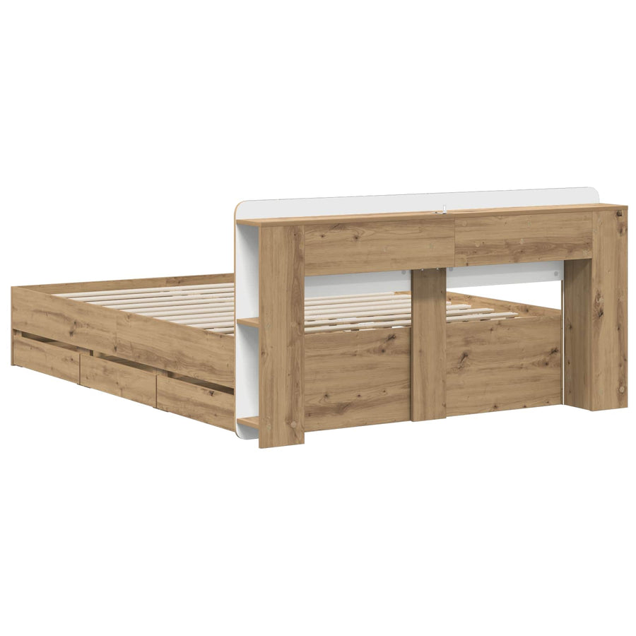 Bedframe met opbergruimte en hoofdbord Artisanaal eiken