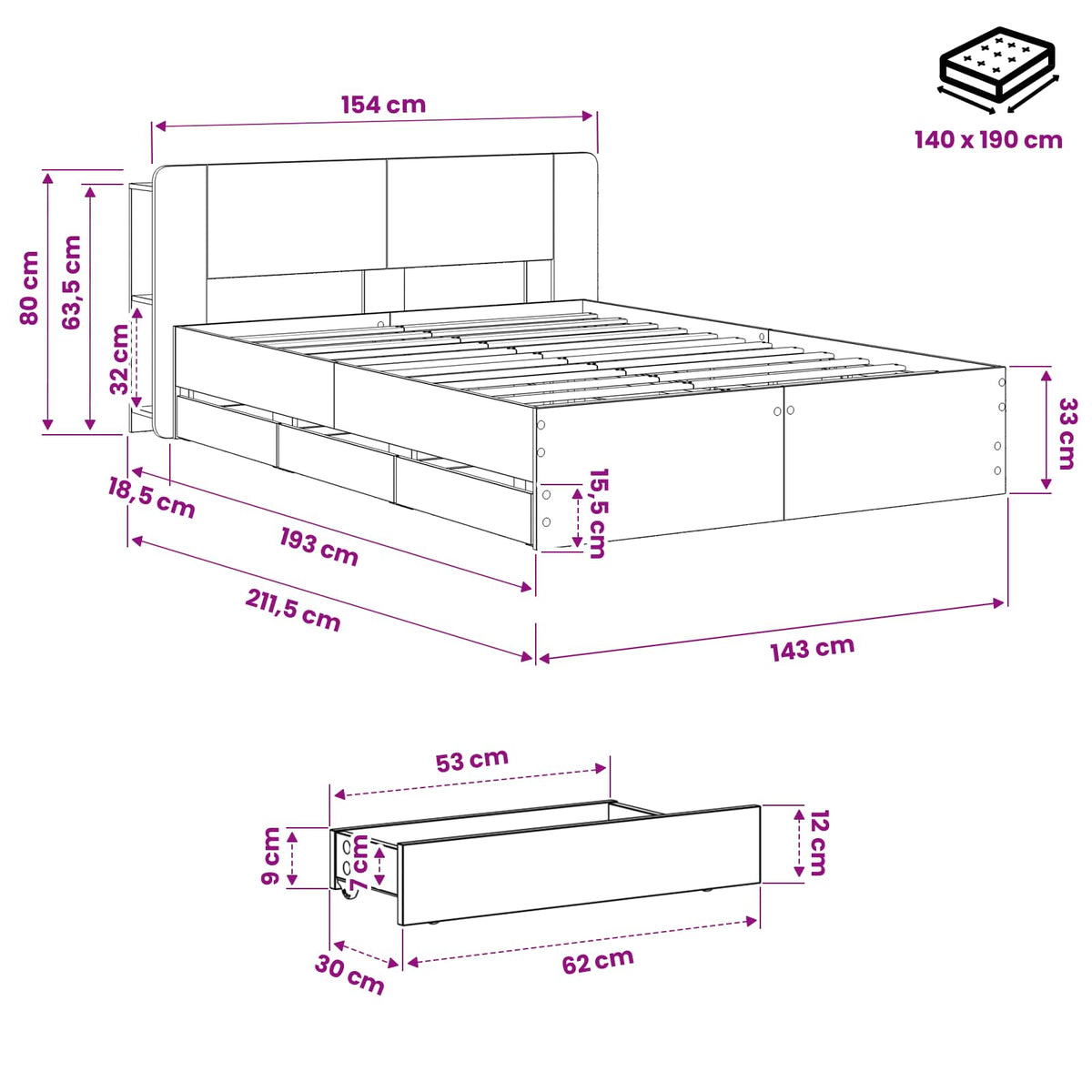 Bedframe met opbergruimte en hoofdbord Artisanaal eiken