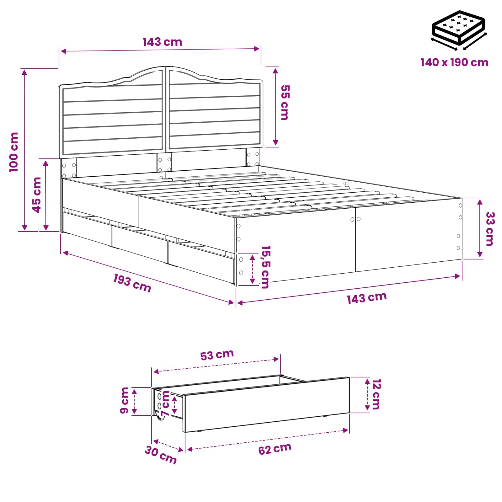 Bed Frame with Storage and Headboard Artisan Oak 140 x 190 cm