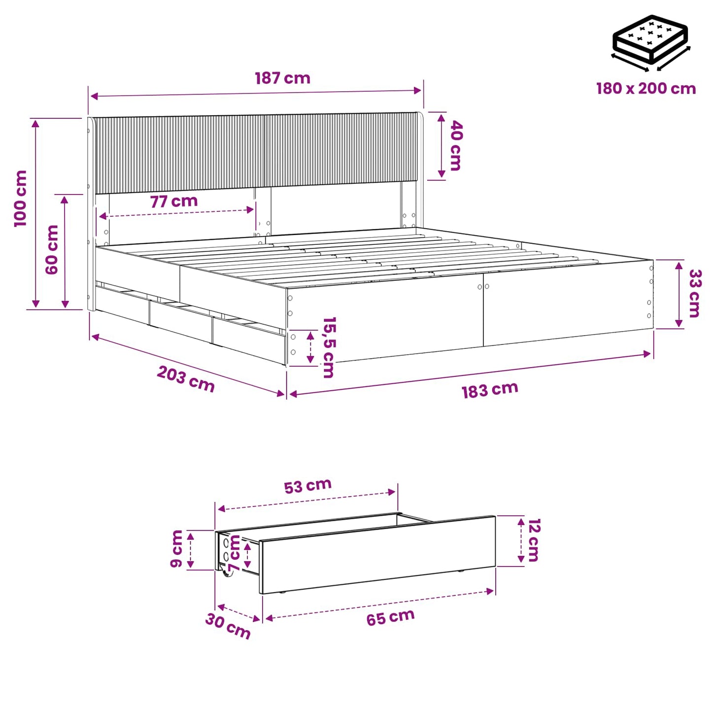 Bedframe met opbergruimte en hoofdbord Artisan Oak 180 x 200 cm