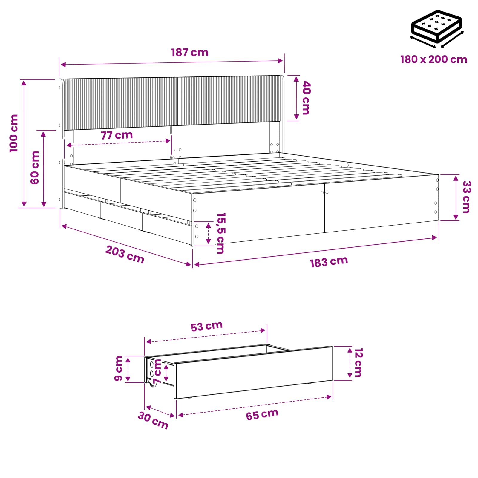 Bedframe met opbergruimte en hoofdbord Artisan Oak 180 x 200 cm