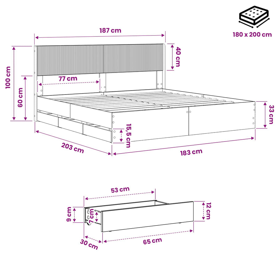 Bedframe met opbergruimte en hoofdbord Artisan Oak 180 x 200 cm