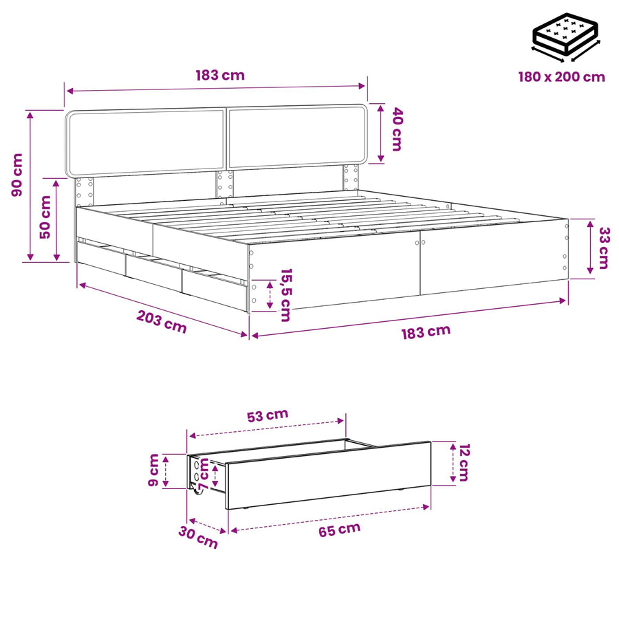 Bed Frame with Storage and Headboard Artisan Oak 180 x 200 cm