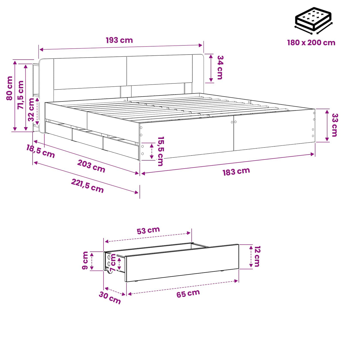 Bedframe met opbergruimte en hoofdbord Artisanaal eiken