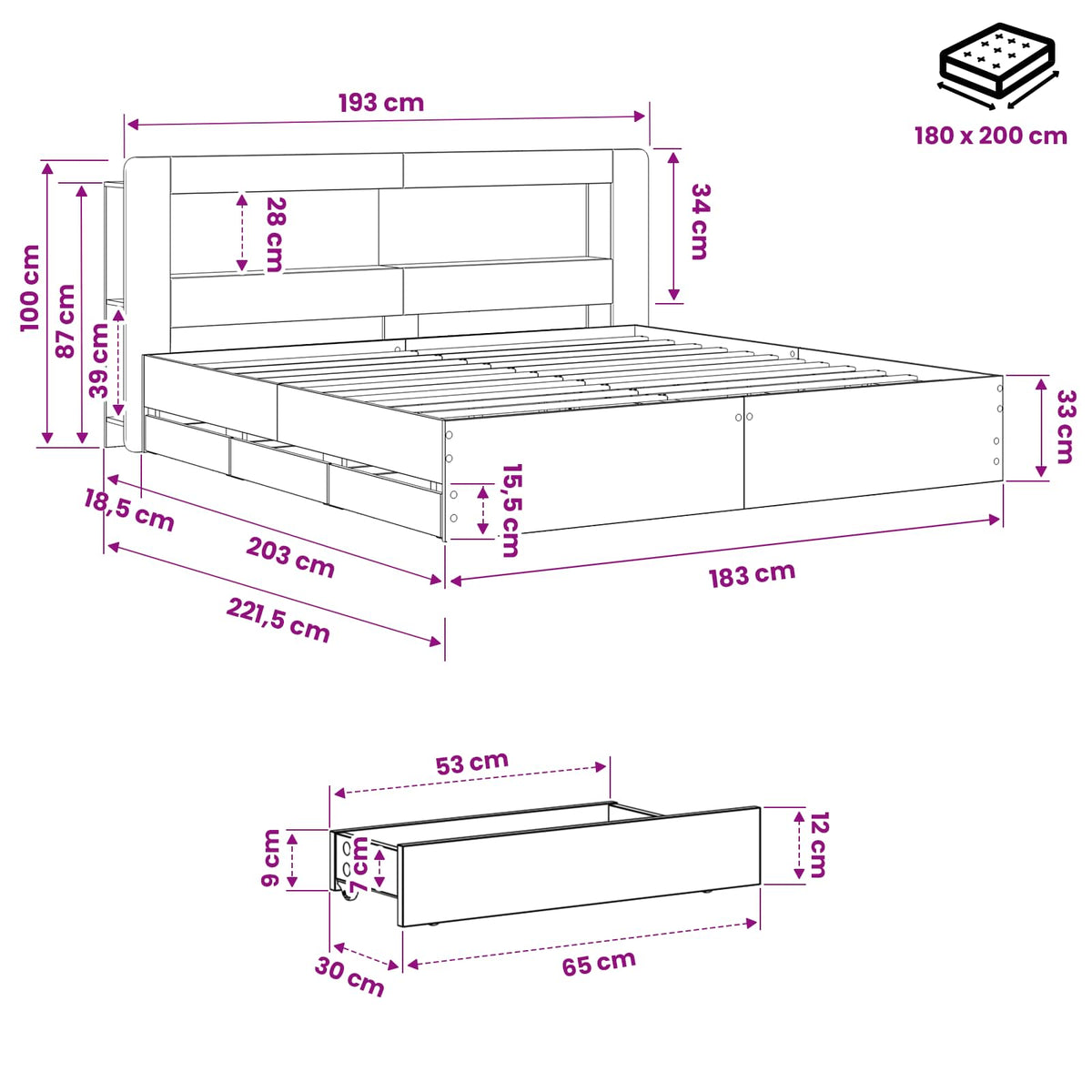 Bedframe met opbergruimte en hoofdbord Artisanaal eiken