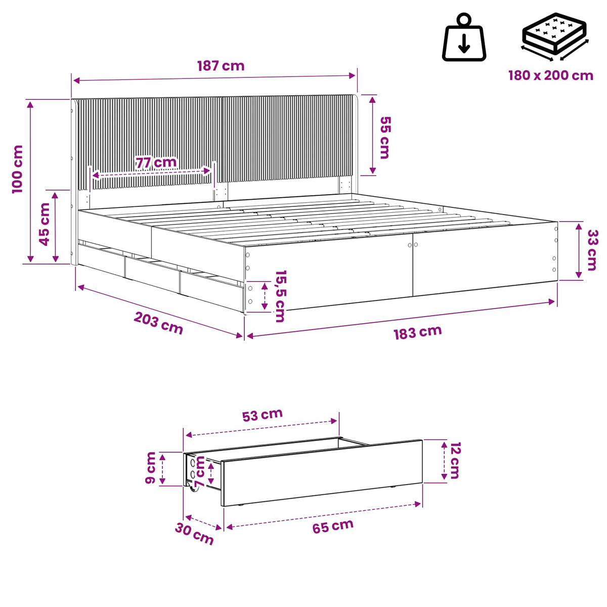 Bedframe met opbergruimte en hoofdbord Artisan Oak 180 x 200 cm