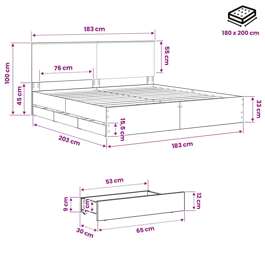 Bed Frame with Storage and Headboard Artisan Oak 180 x 200 cm