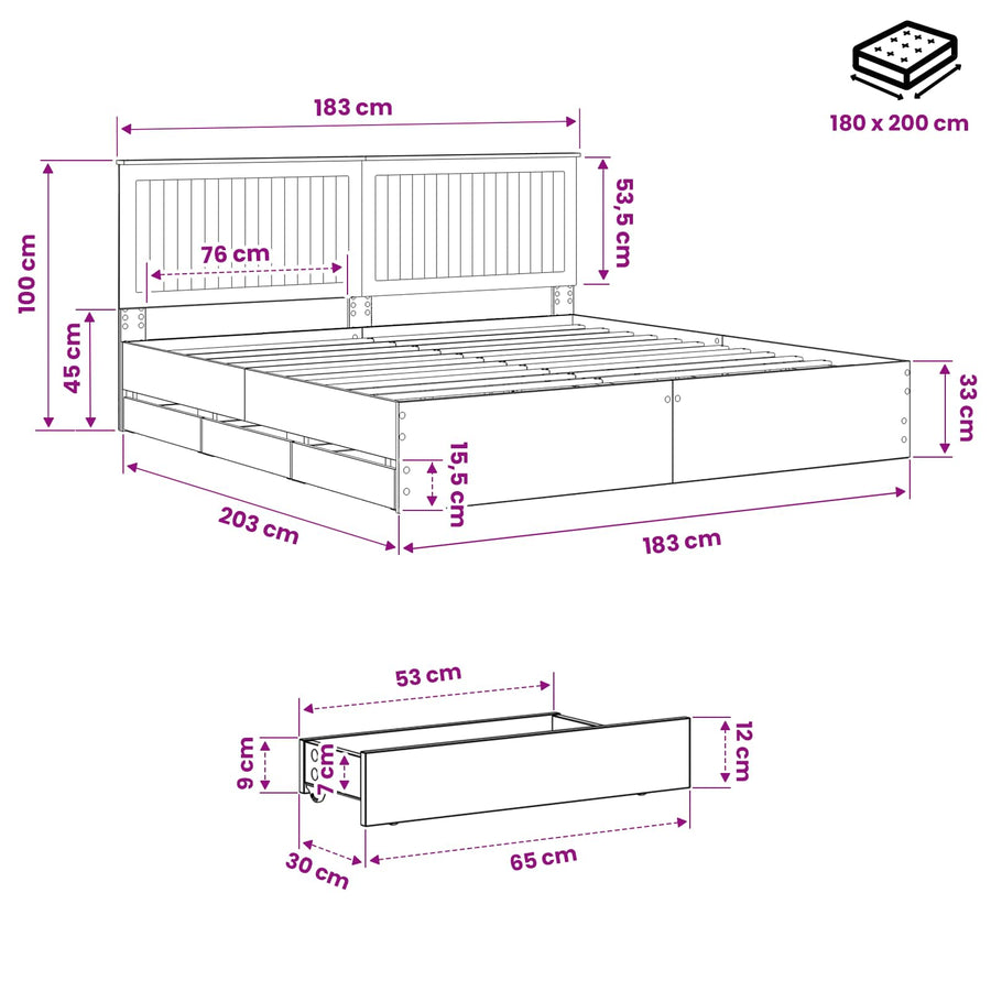 Bed Frame with Storage and Headboard Artisan Oak 180 x 200 cm