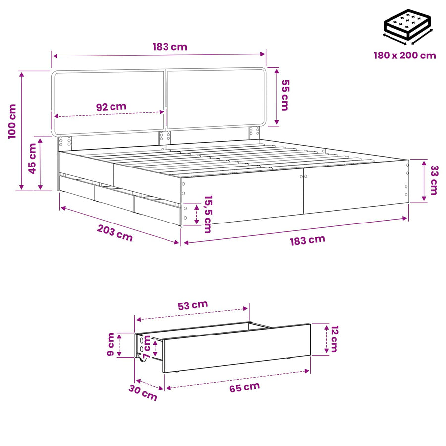 Bed Frame with Storage and Headboard Artisan Oak 180 x 200 cm