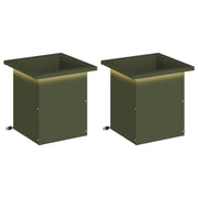 Plantenbak met led 2 st olijfgroen 30x30x30 cm staal
