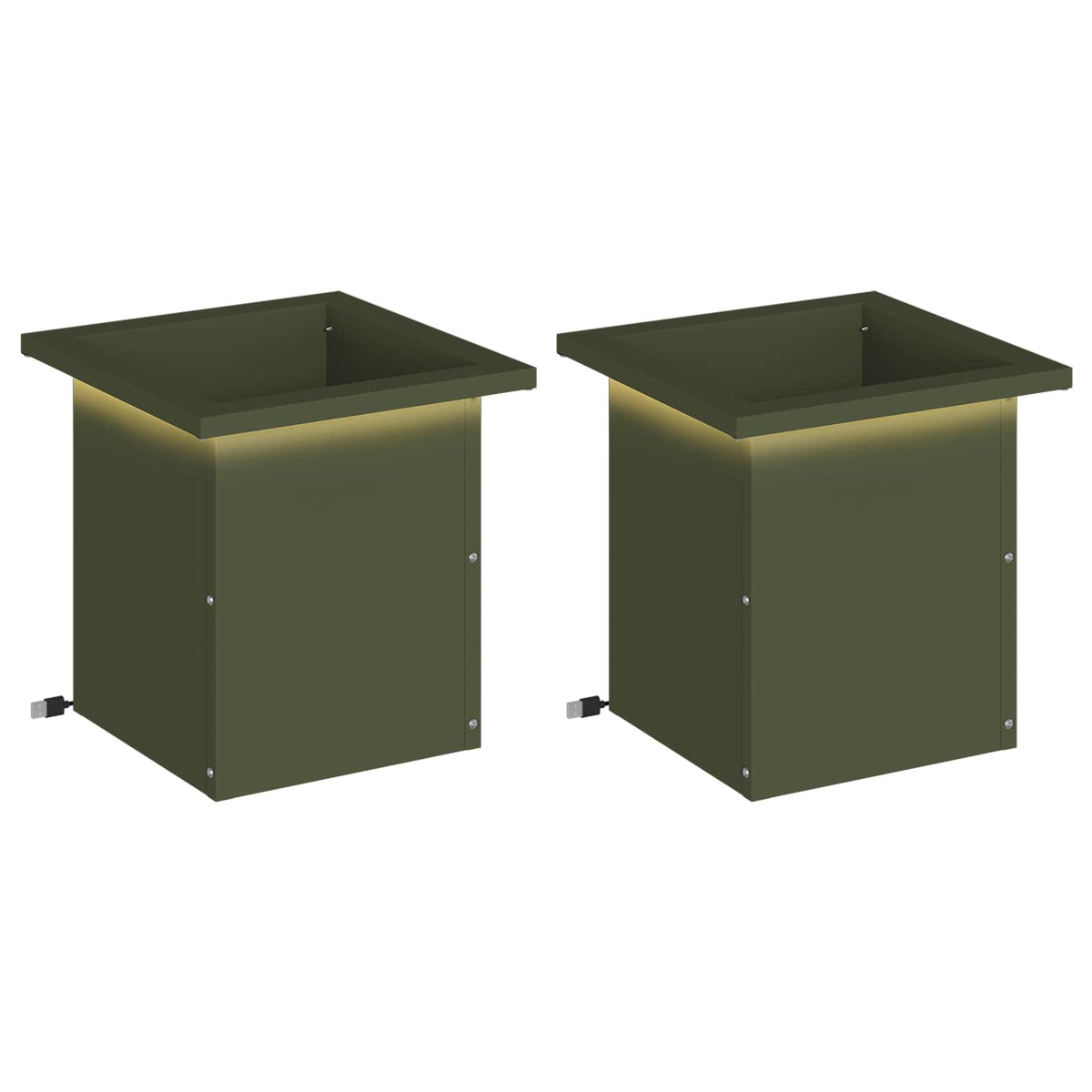 Plantenbak met led 2 st Olijfgroen 30 x 30 x 30 cm Staal