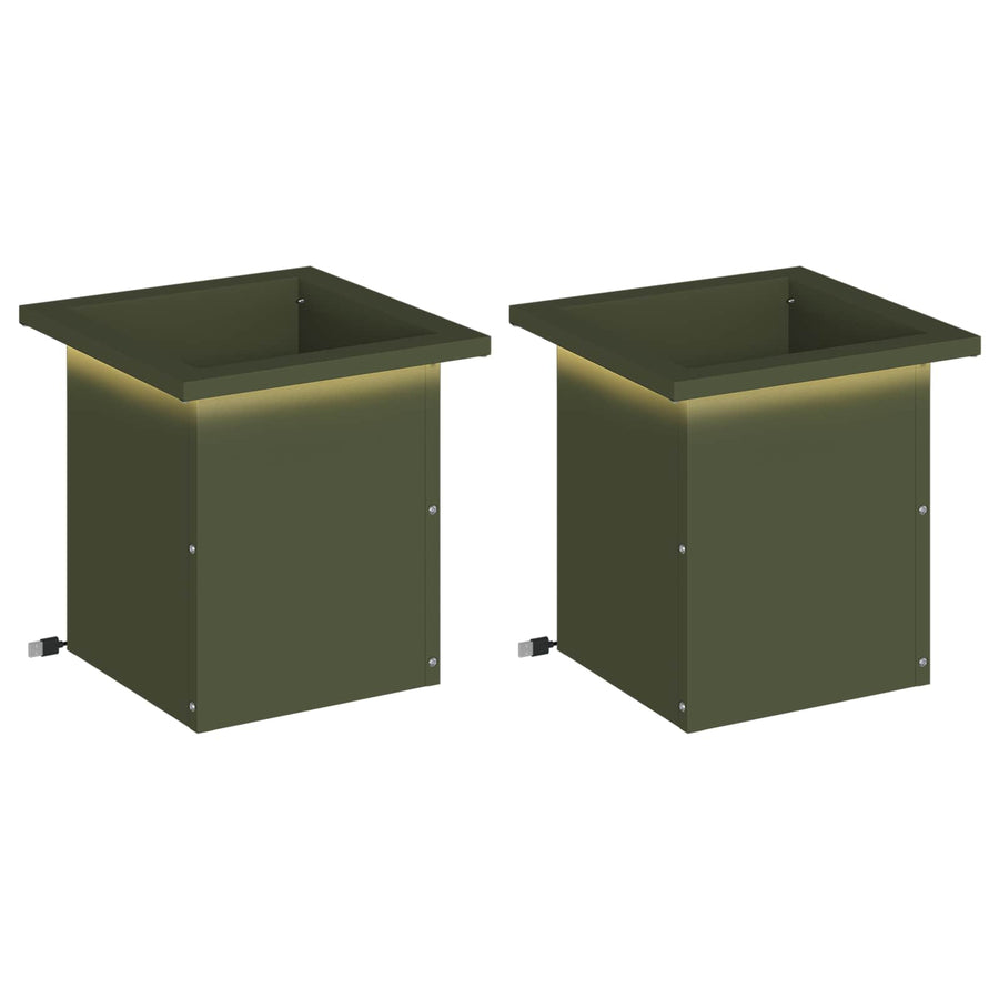 Plantenbak met led 2 st Olijfgroen 30 x 30 x 30 cm Staal