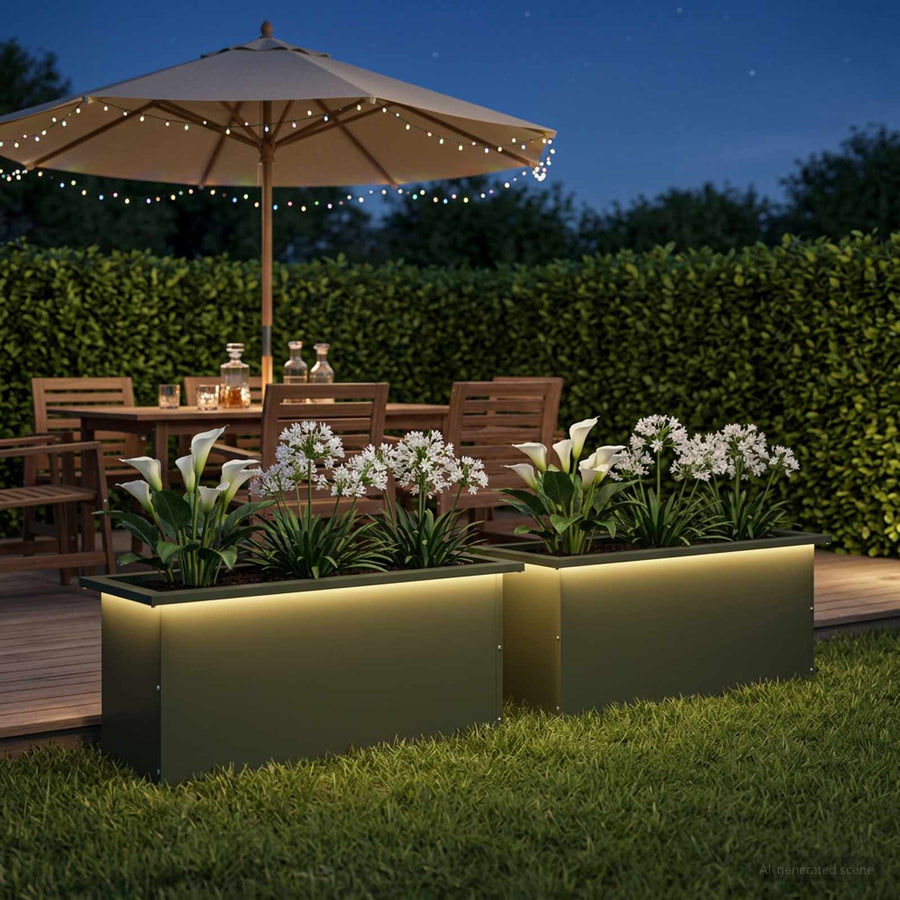 Plantenbak met led 2 st Olijfgroen 30 x 80 x 30 cm Staal