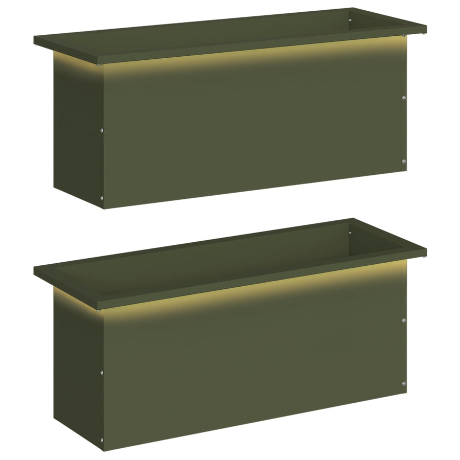 Plantenbak met led 2 st Olijfgroen 30 x 80 x 30 cm Staal