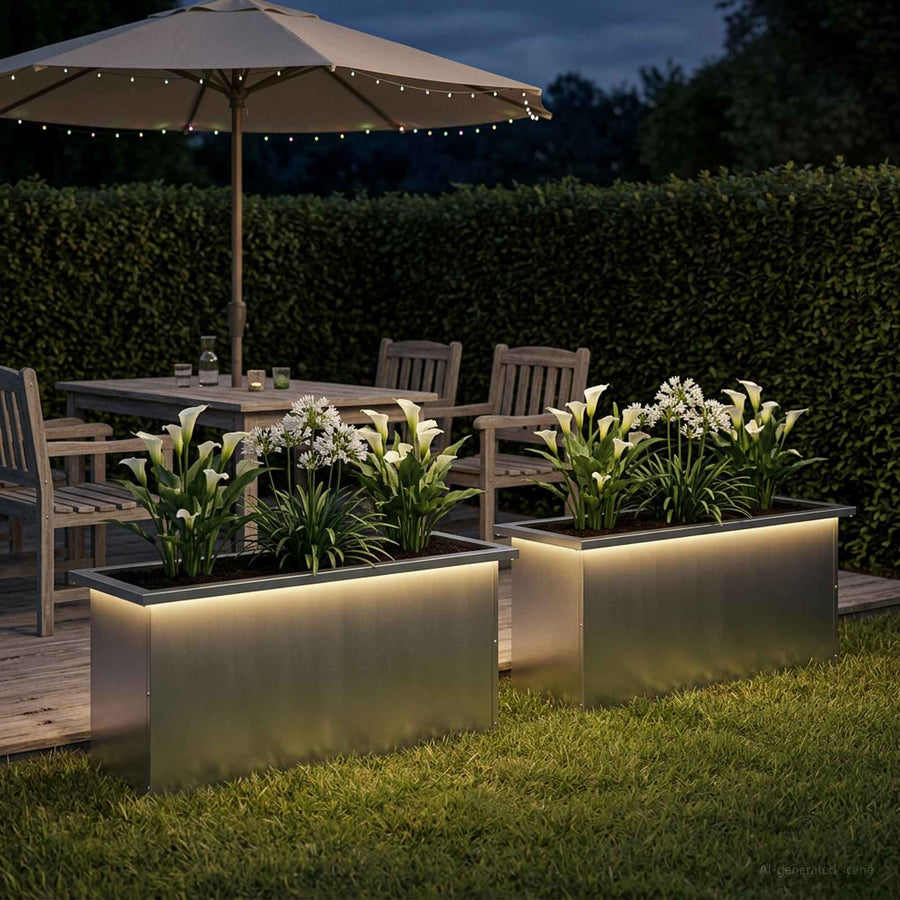 Plantenbak met led 2 st zilver 30 x 100 x 30 cm