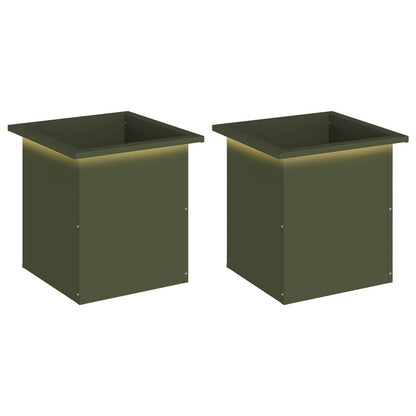 Plantenbak met led 2 st Olijfgroen 40 x 40 x 40 cm Staal