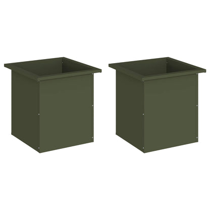 Plantenbak met led 2 st Olijfgroen 40 x 40 x 40 cm Staal