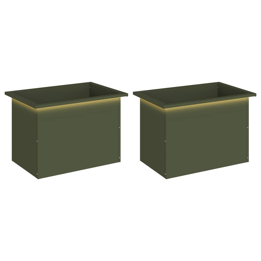 Plantenbak met led 2 st Olijfgroen 40 x 60 x 40 cm Staal